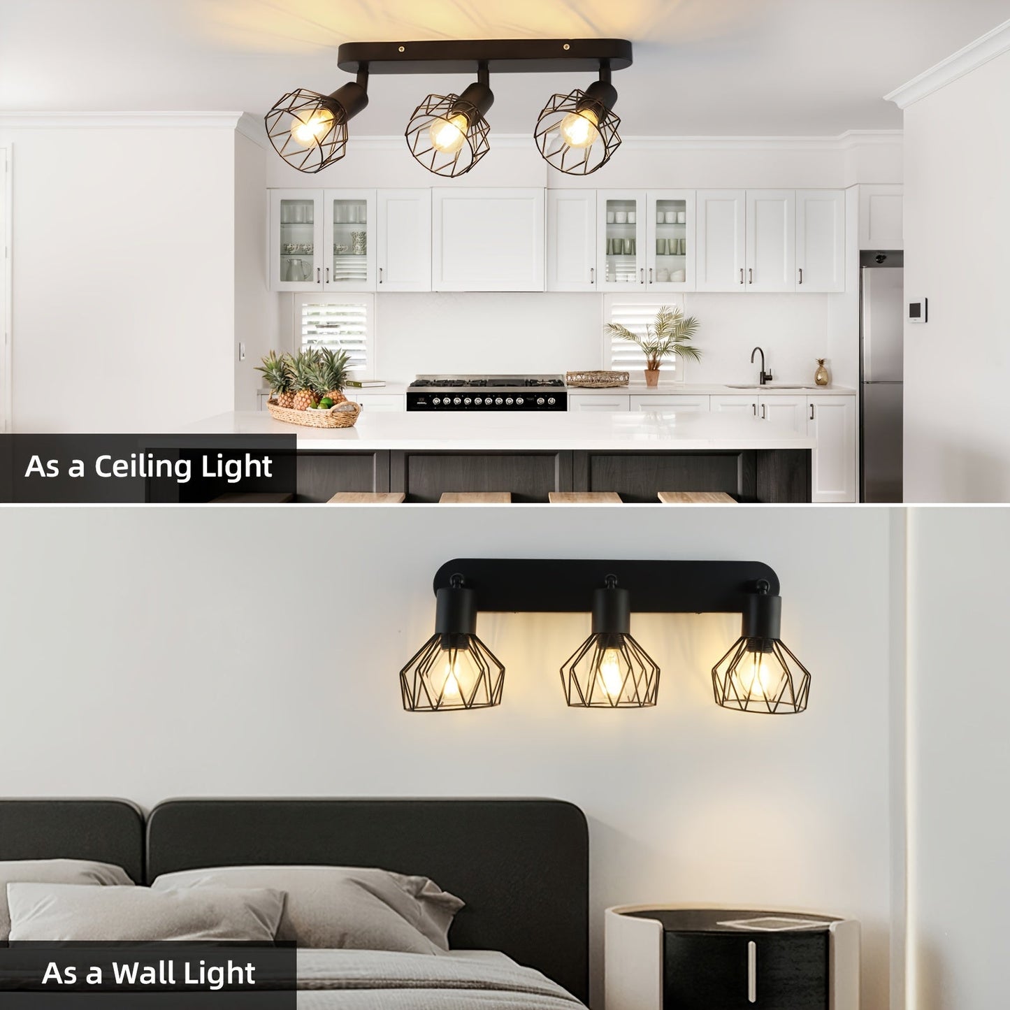 Foco de techo vintage de 3 luces | Lámpara industrial de metal negro