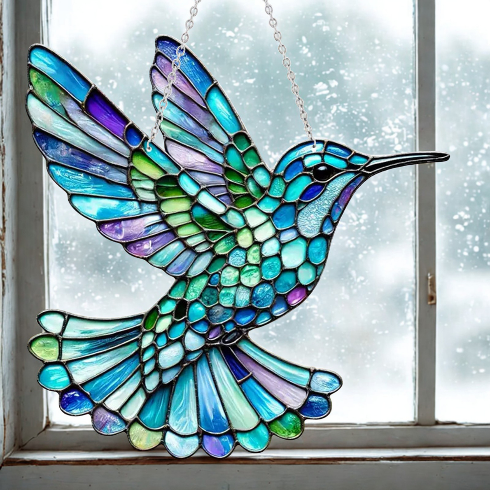 Atrapa-sol de ventana con vidriera de pájaro azul en acrílico colgante decorativo