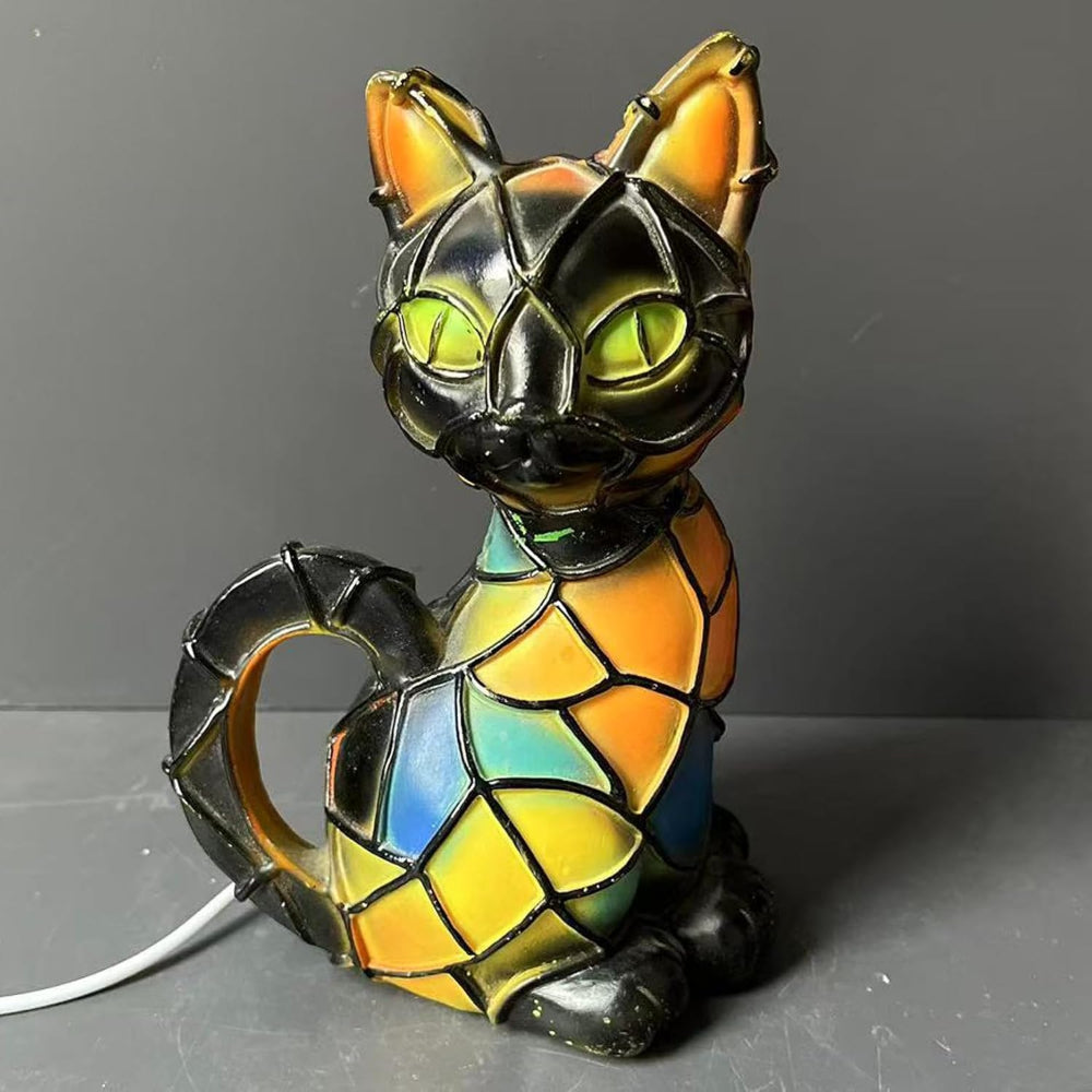 Lámpara de mesa con figura de gato de resina estilo Tiffany con luz cálida