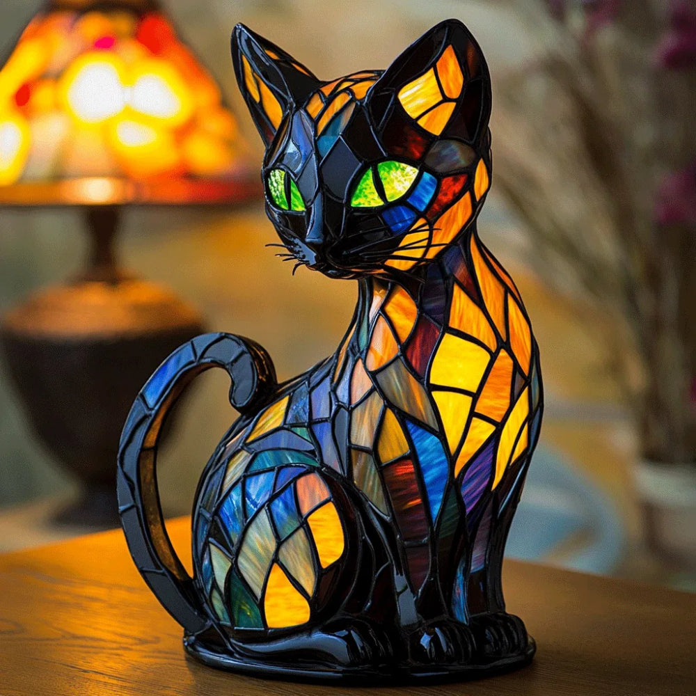 Lámpara de mesa gato estilo vidriera luz nocturna