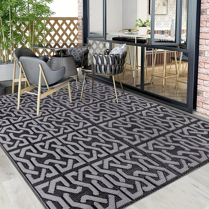 Alfombra Exterior Reversible | Tapete Moderno para Patio en Negro y Gris