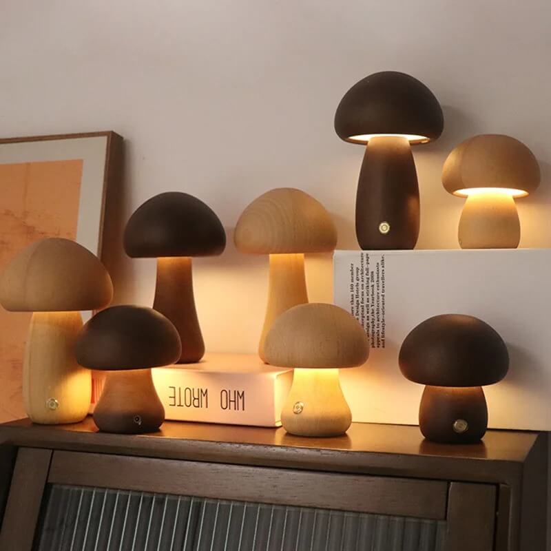 Lámpara de Champiñón Portobello | Luz Nocturna Recargable de Madera Natural