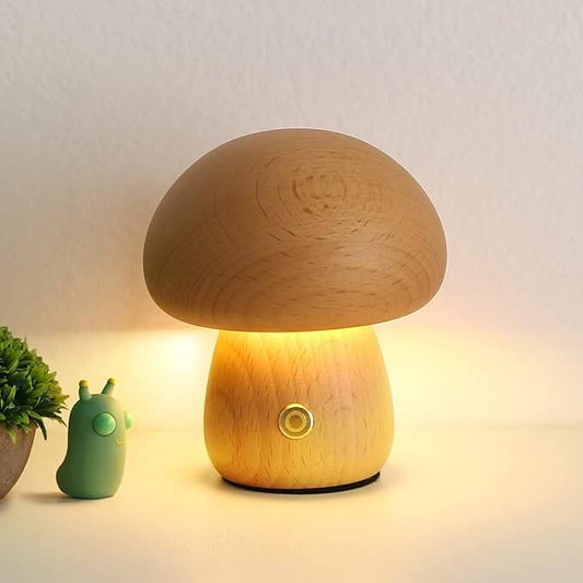 Lámpara de Champiñón Portobello | Luz Nocturna Recargable de Madera Natural