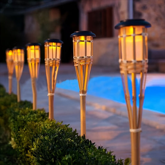 Luces de Llama de Bambú Solares (Paquete de 2) | Faroles Solares de Jardín para Exterior con 12 LED