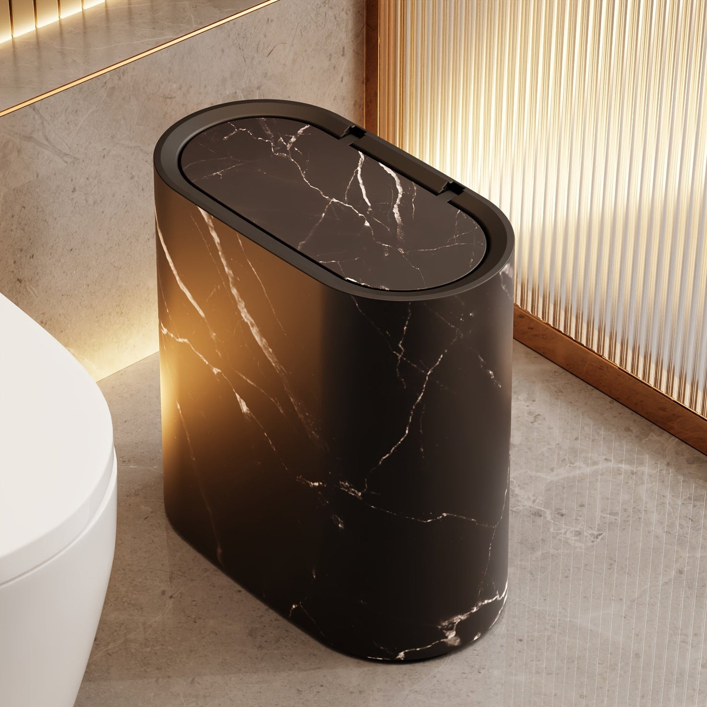 Papelera con diseño de mármol | Cubo moderno para baño y cocina con tapa