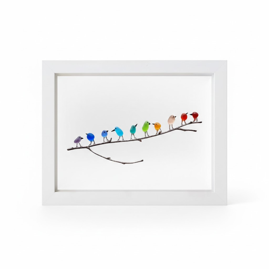 Marco de cuadro para arte de pared con vidrio marino, pájaro y madera flotante, exhibición costera