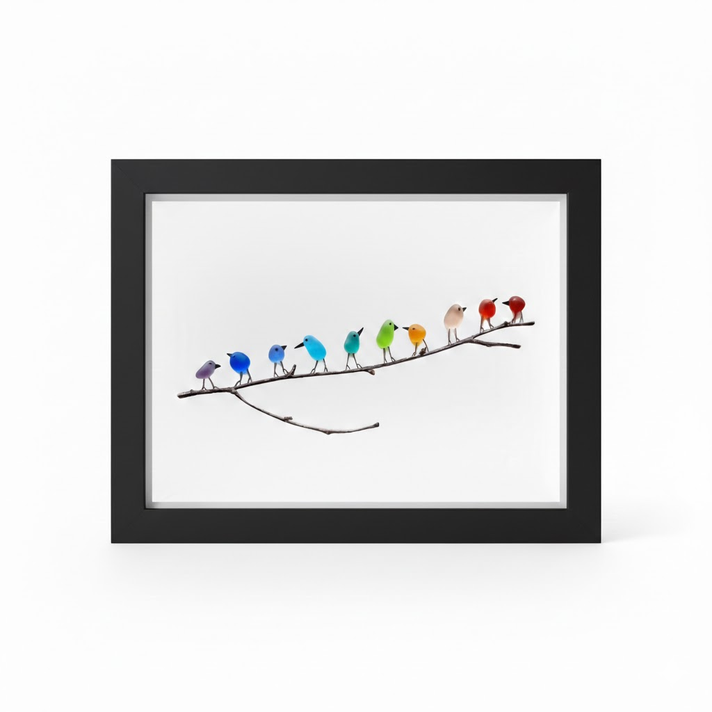 Marco de cuadro para arte de pared con vidrio marino, pájaro y madera flotante, exhibición costera