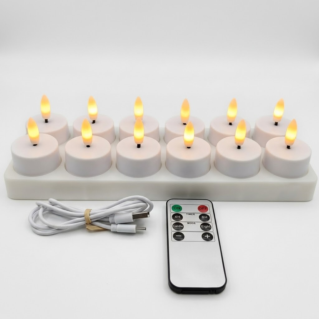 Juego de Velas LED Sin Llama con Mando a Distancia Temporizador Recargables por USB
