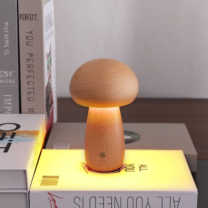 Lámpara de Champiñón Portobello | Luz Nocturna Recargable de Madera Natural