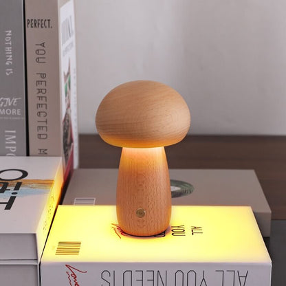 Lámpara de Champiñón Portobello | Luz Nocturna Recargable de Madera Natural