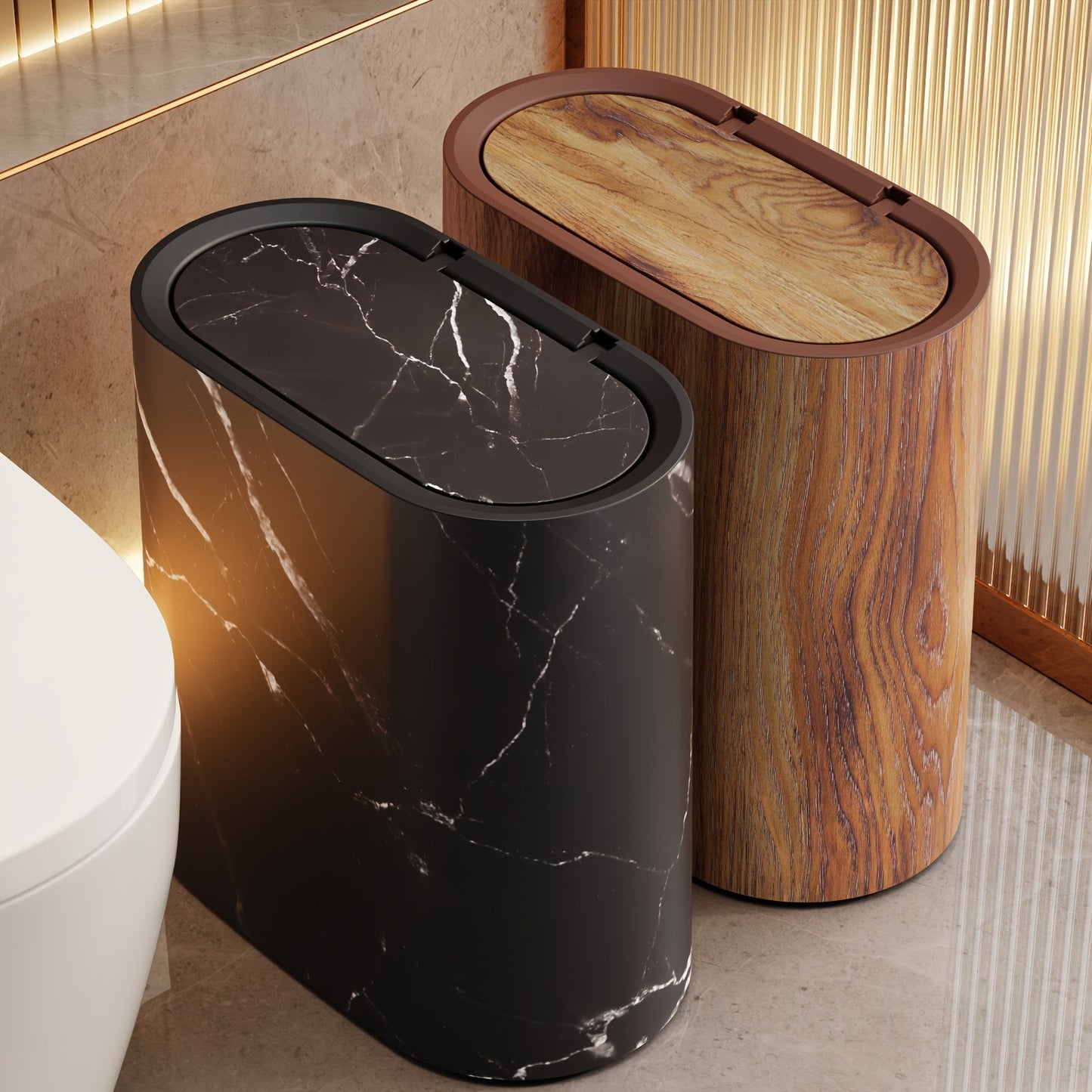 Papelera con diseño de mármol | Cubo moderno para baño y cocina con tapa