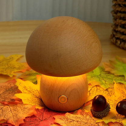 Lámpara de Champiñón Portobello | Luz Nocturna Recargable de Madera Natural