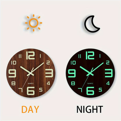 Reloj de Pared Luminoso de Nogal | Diseño de Madera Silencioso que Brilla en la Oscuridad