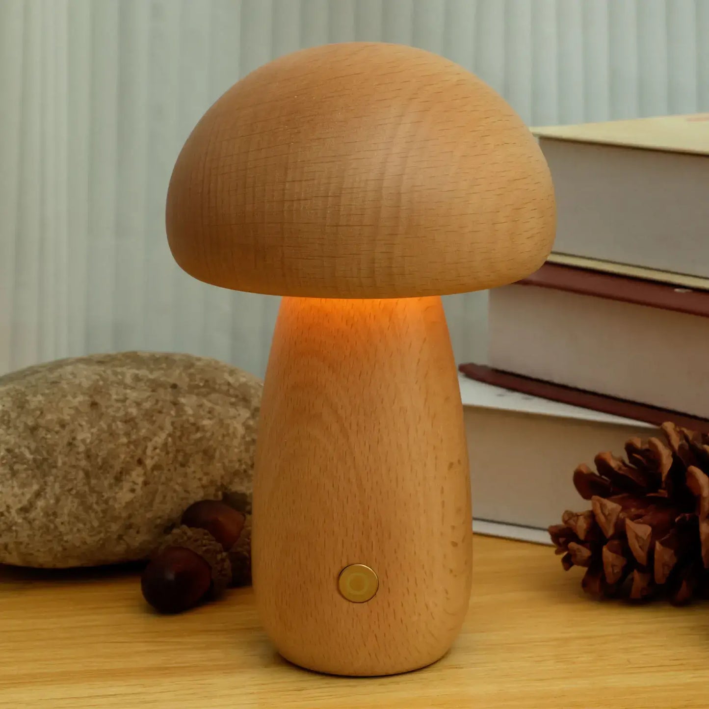 Lámpara de Champiñón Portobello | Luz Nocturna Recargable de Madera Natural