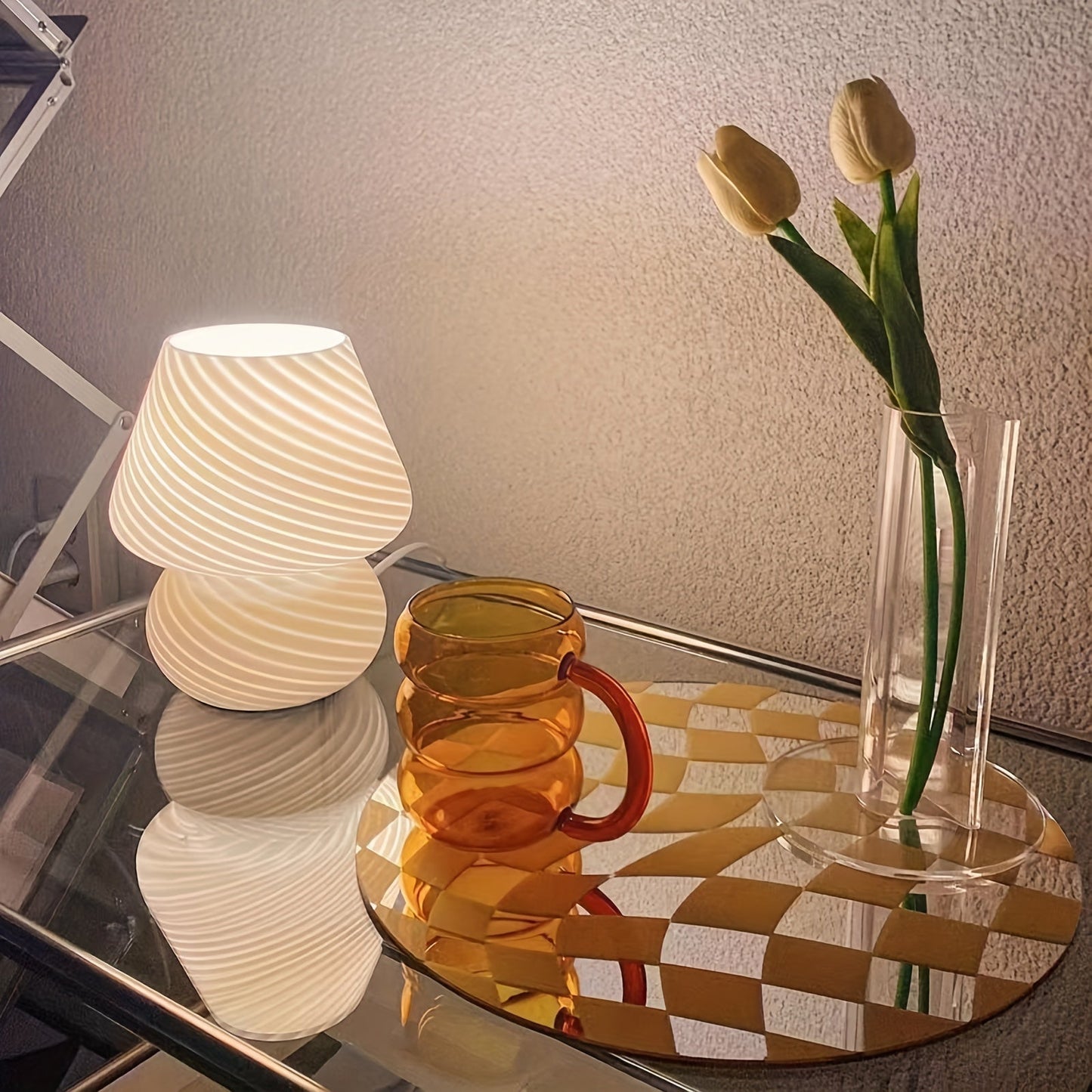 Lámpara de mesa con forma de hongo de vidrio estilo Murano | Luz de mesa regulable por USB