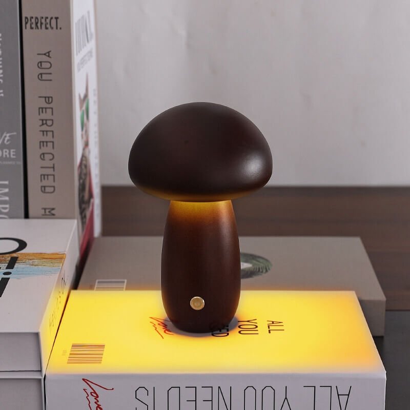 Lámpara de Champiñón Portobello | Luz Nocturna Recargable de Madera Natural