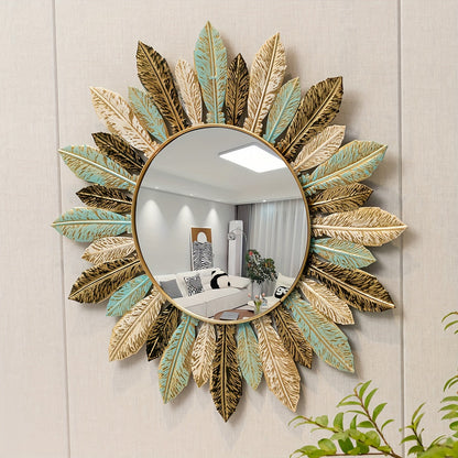 Espejo de Pared Metálico Estilo Bohemio con Diseño de Hoja en Verde Azulado y Dorado