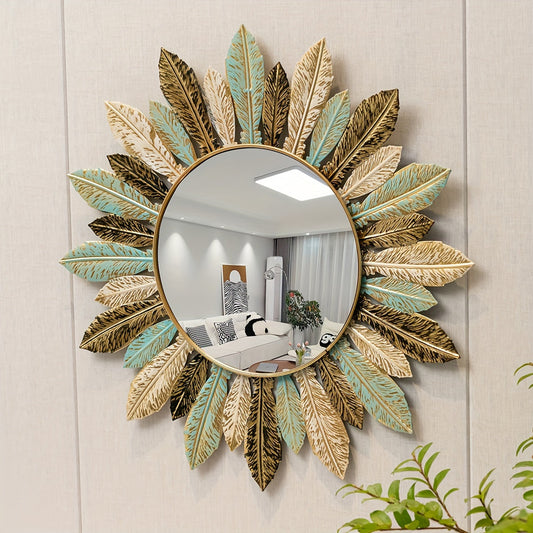 Espejo de Pared Metálico Estilo Bohemio con Diseño de Hoja en Verde Azulado y Dorado