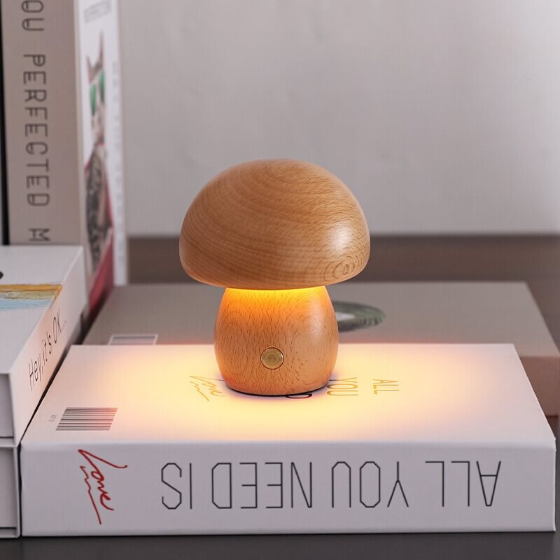 Lámpara de Champiñón Portobello | Luz Nocturna Recargable de Madera Natural