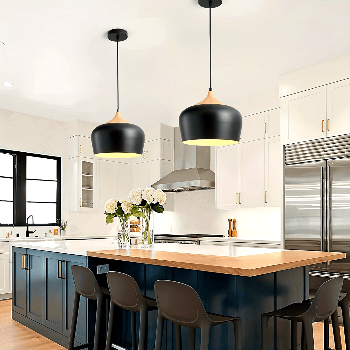 Lámpara colgante escandinava moderna | Diseño de hierro y veta de madera