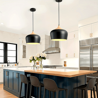 Lámpara colgante escandinava moderna | Diseño de hierro y veta de madera