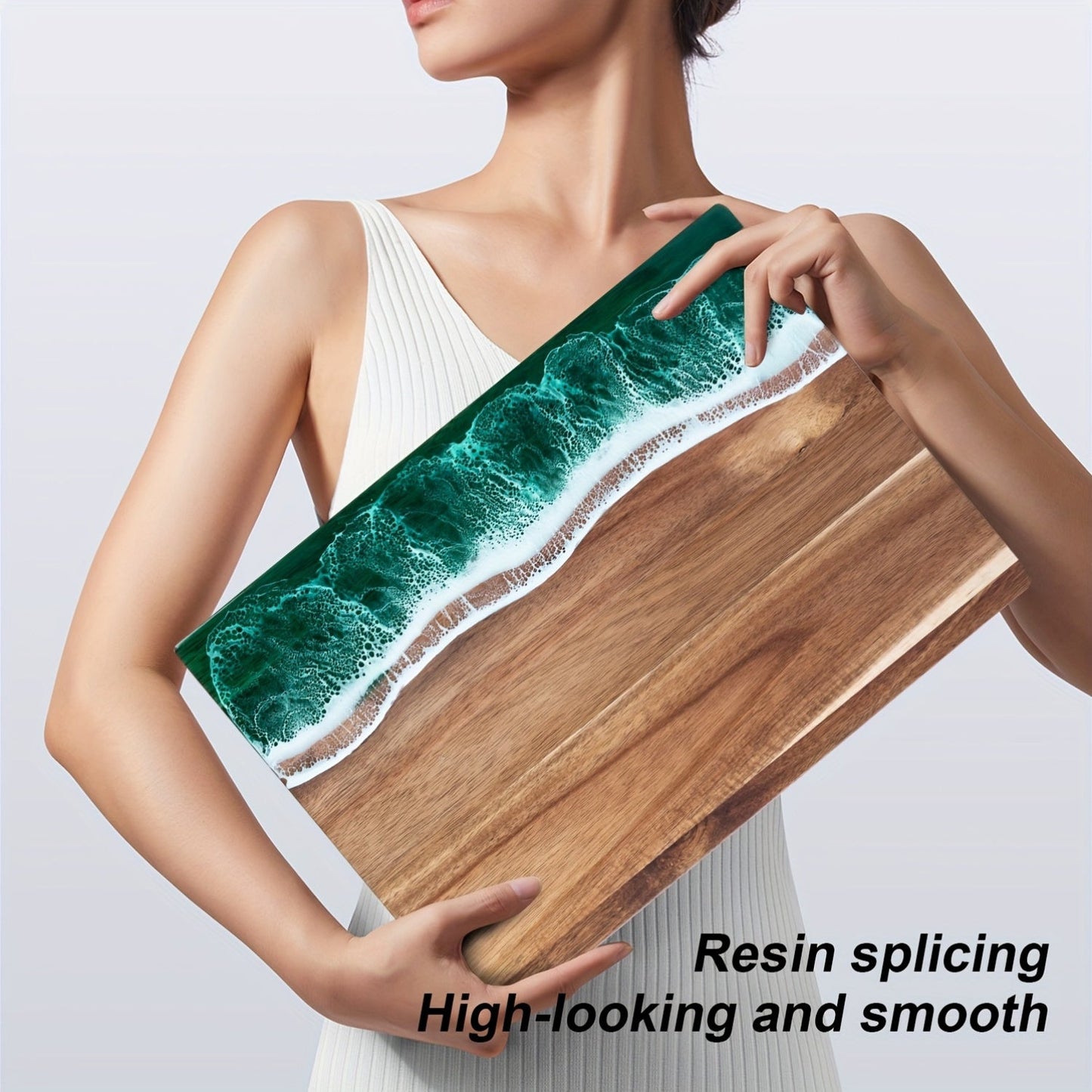 Tabla de cortar de resina con diseño de ola | Tabla para quesos y servir de madera de acacia inspirada en el océano