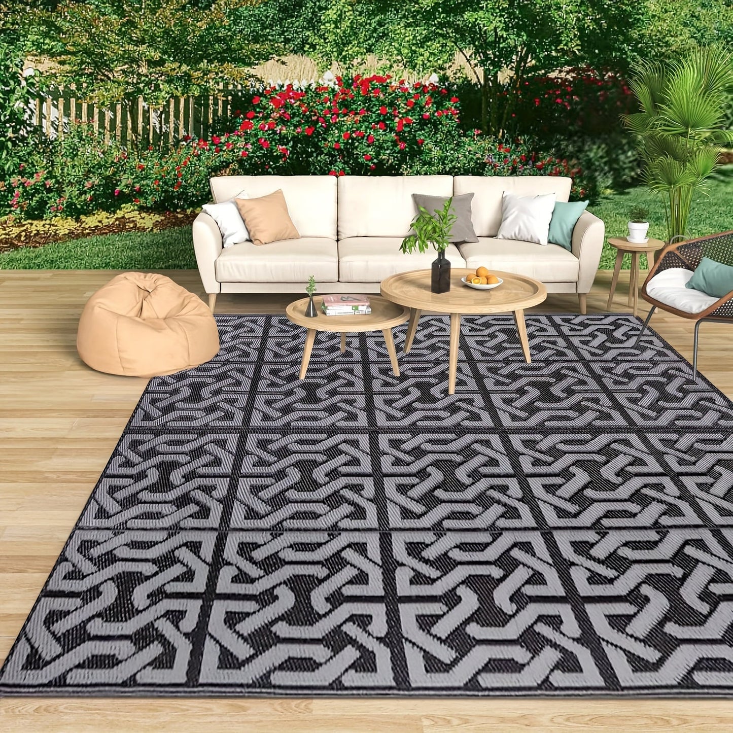 Alfombra Exterior Reversible | Tapete Moderno para Patio en Negro y Gris