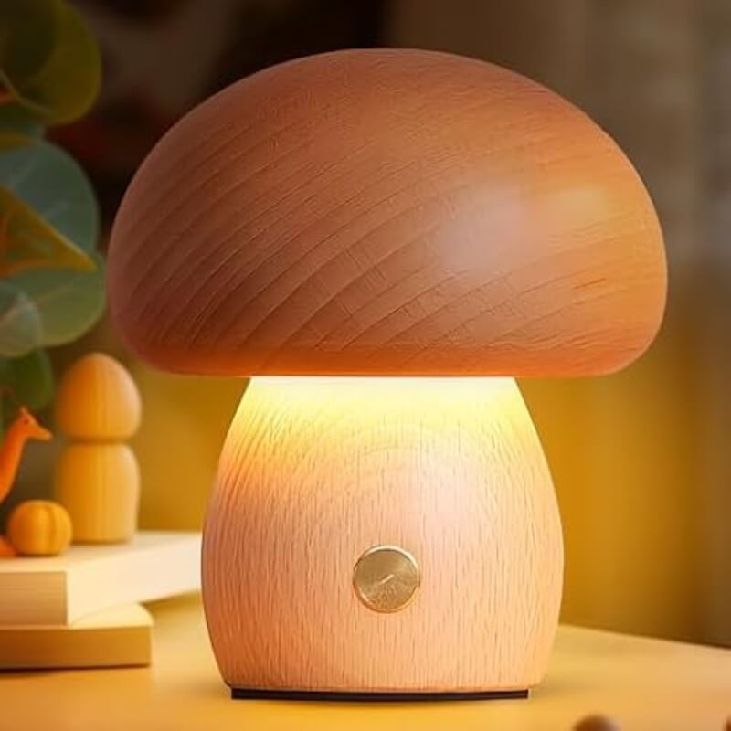 Lámpara de Champiñón Portobello | Luz Nocturna Recargable de Madera Natural
