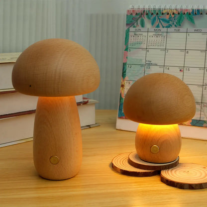 Lámpara de Champiñón Portobello | Luz Nocturna Recargable de Madera Natural