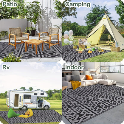 Alfombra Exterior Reversible | Tapete Moderno para Patio en Negro y Gris