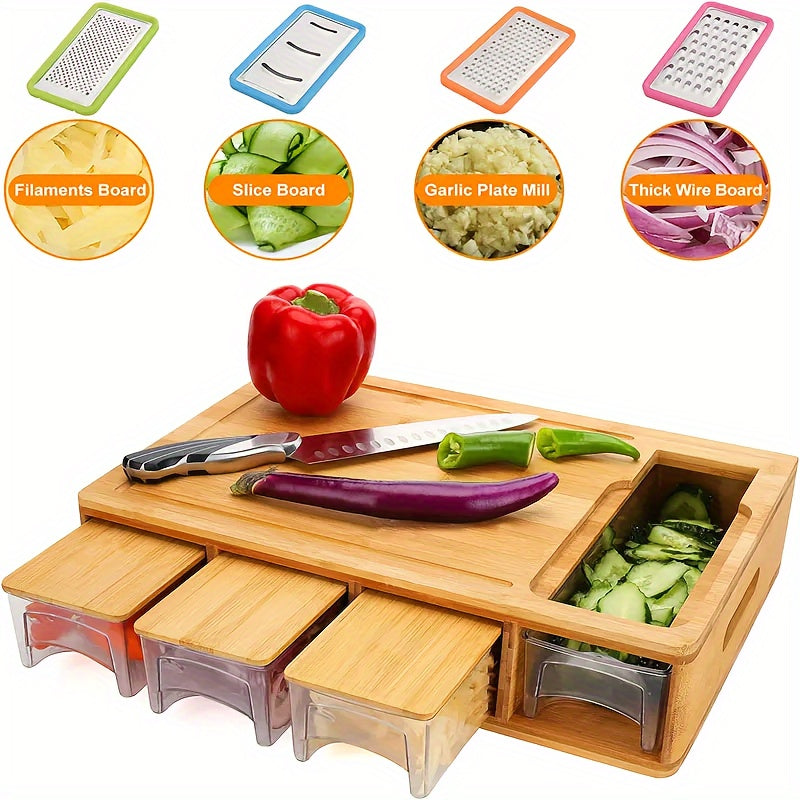 Tabla de cortar de bambú con bandejas de almacenamiento y ralladores | Estación multifuncional para preparación de cocina