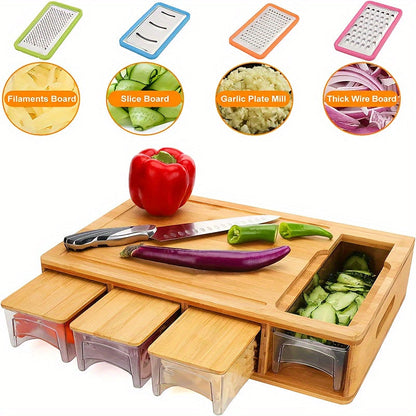 Tabla de cortar de bambú con bandejas de almacenamiento y ralladores | Estación multifuncional para preparación de cocina