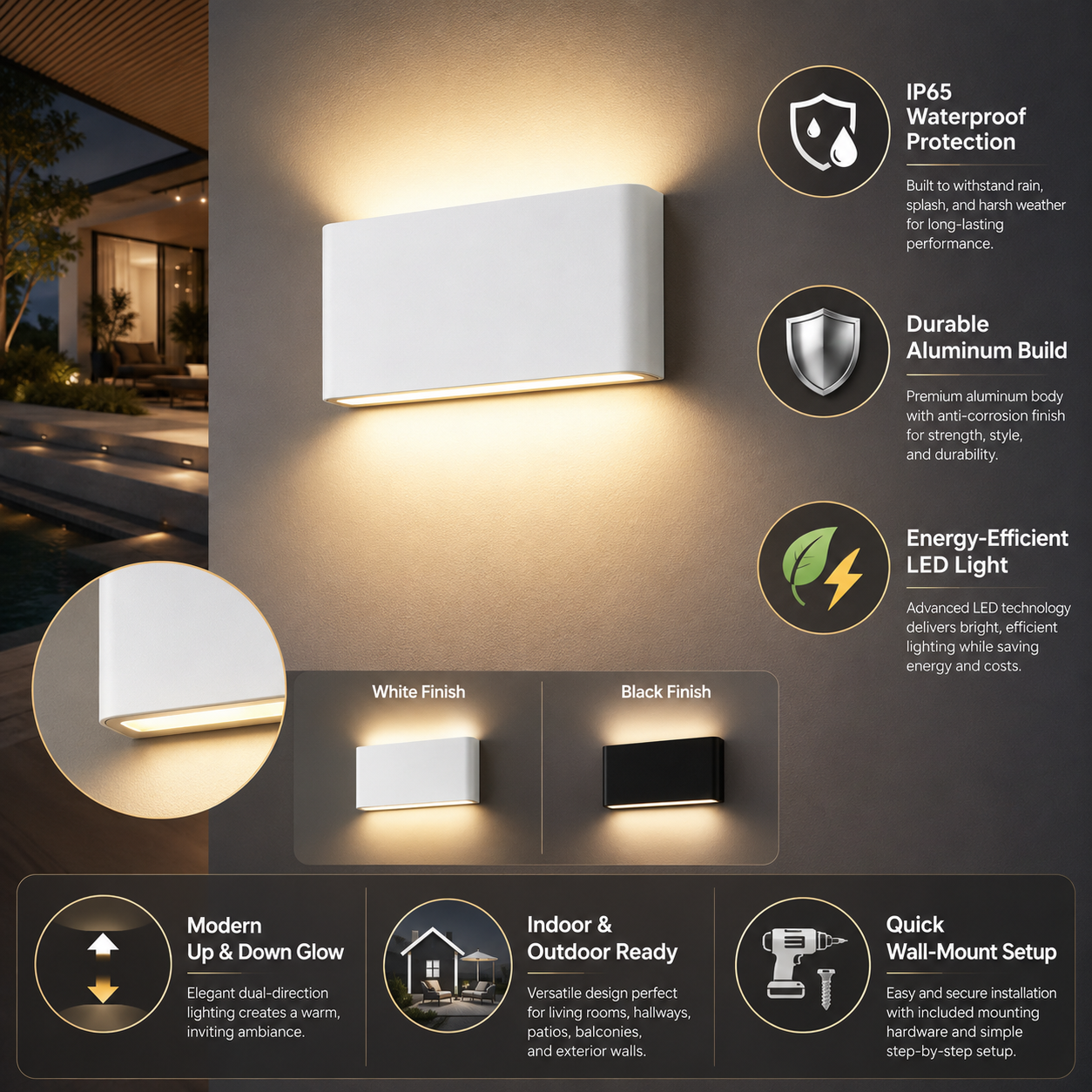 AeroBeam | Lámpara de Pared Exterior Impermeable | Aluminio Resistente, Eficiente en Energía