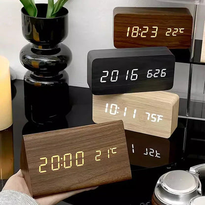 Reloj Despertador Inteligente con LED | Diseño Moderno de Madera Controlado por Voz