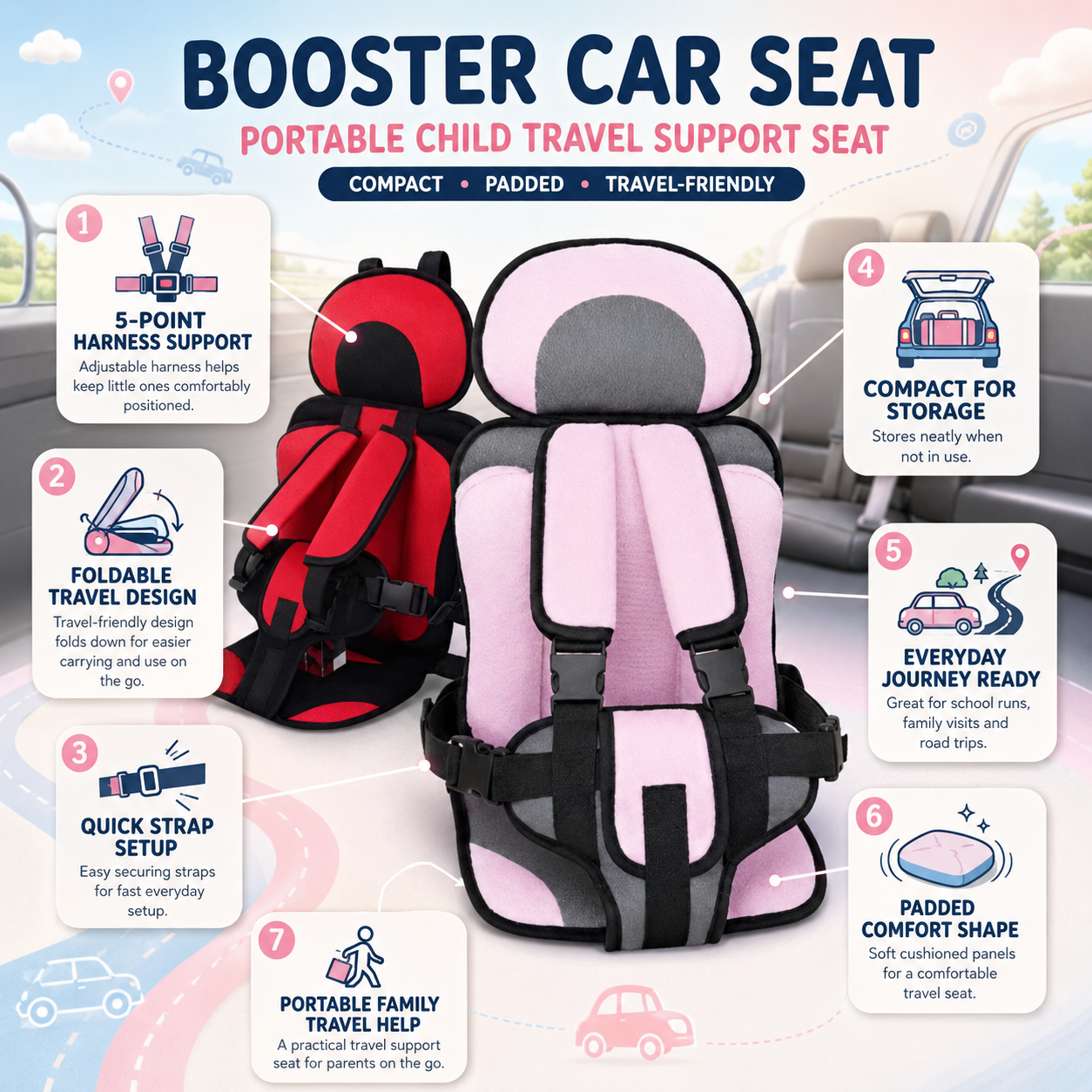 Asiento elevador portátil para coche, asiento de apoyo para niños en viajes