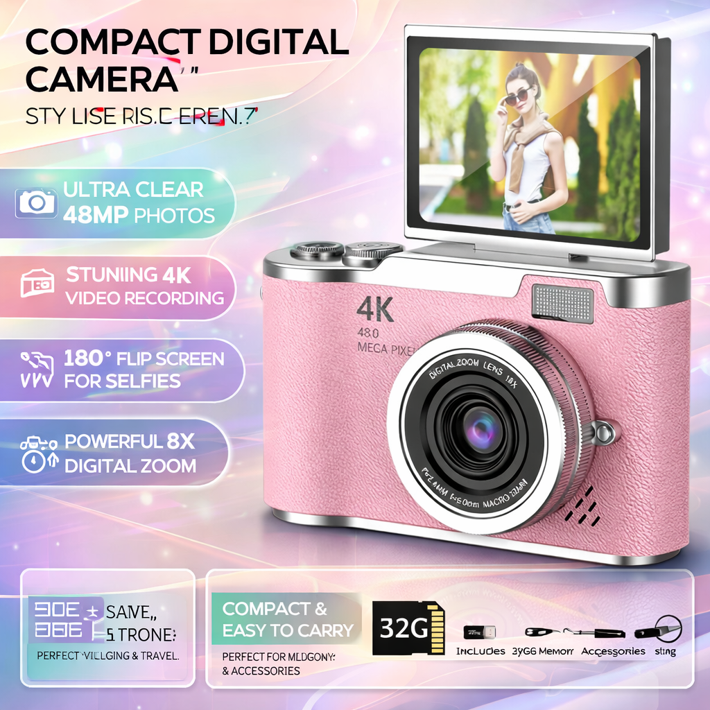 Cámara digital 4K pantalla abatible 48MP zoom 8X compacta para foto y video