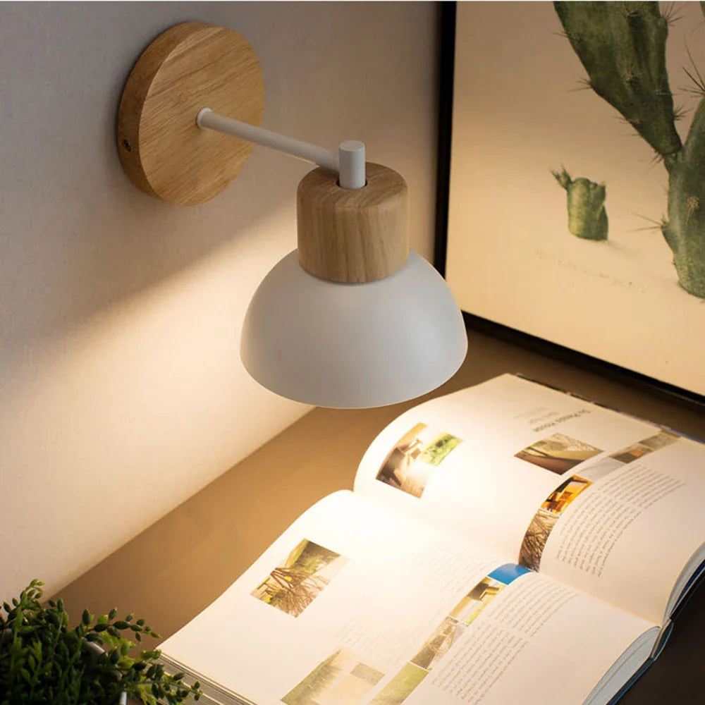 Lámpara de Pared de Madera y Metal | Luz Moderna Nórdica para Mesita de Noche