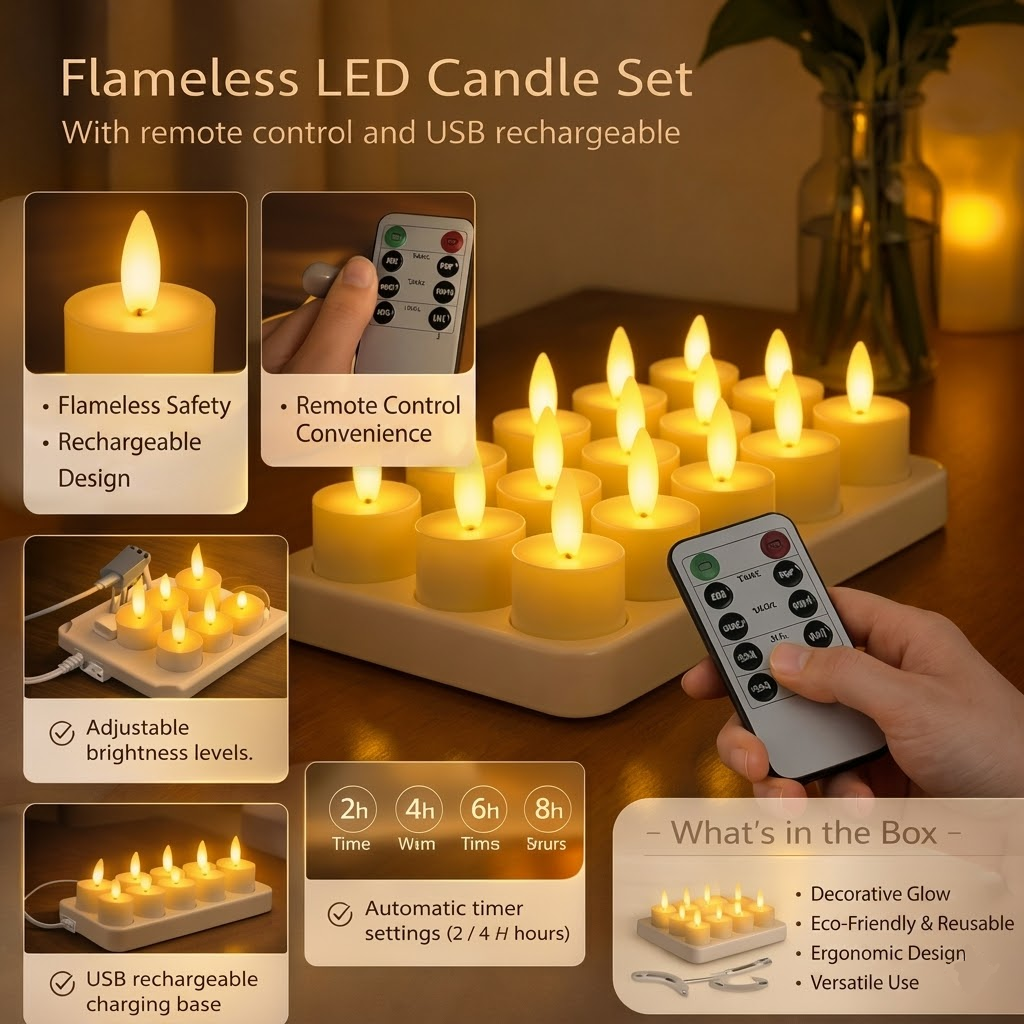 Juego de Velas LED Sin Llama con Mando a Distancia Temporizador Recargables por USB