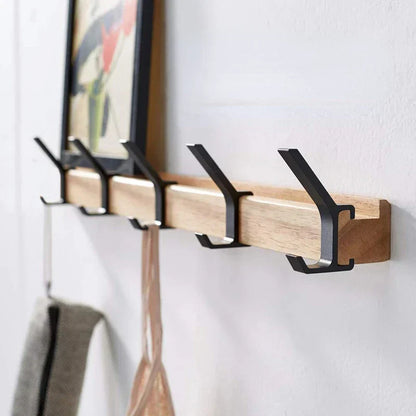 Perchero de Pared Nórdico | Ganchos Dobles Ajustables en Negro y Acabado Madera