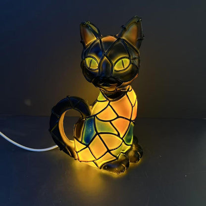 Lámpara de mesa con figura de gato de resina estilo Tiffany con luz cálida