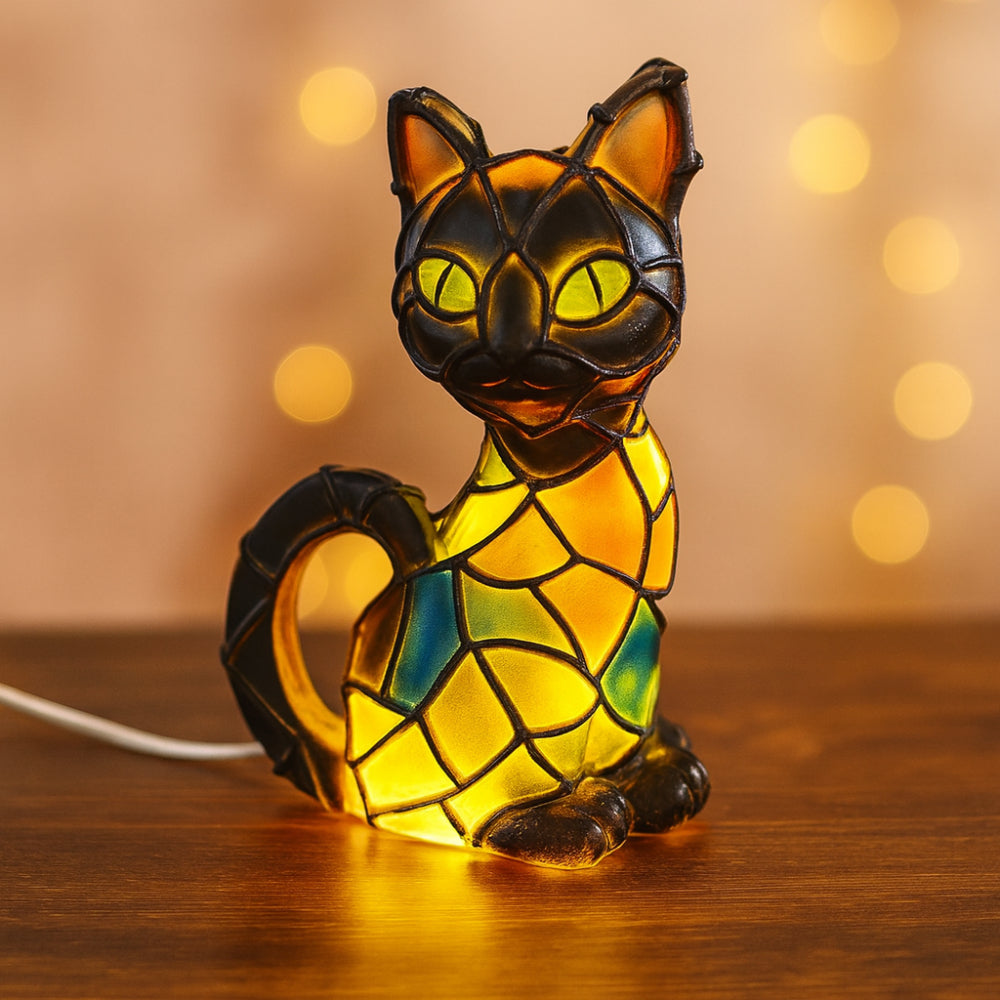 Lámpara de mesa con figura de gato de resina estilo Tiffany con luz cálida