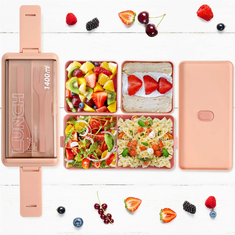 Caja Bento de Doble Capa de 1400ml | Lonchera Portátil con Tenedor y Cuchara – Recipiente para Alimentos Seguro para Microondas para Niños y Adultos