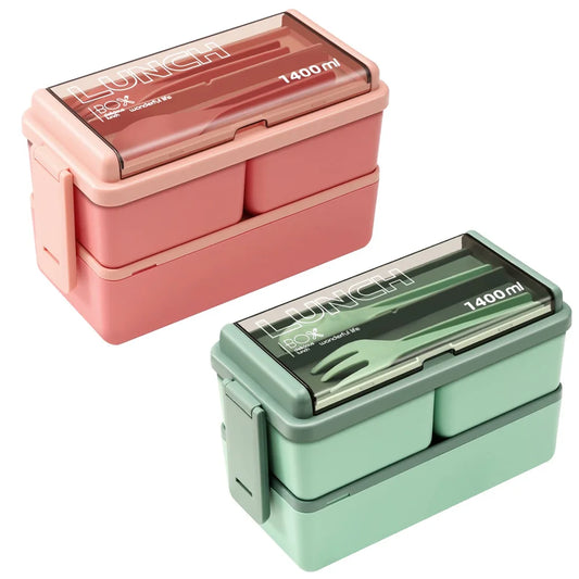 Caja Bento de Doble Capa de 1400ml | Lonchera Portátil con Tenedor y Cuchara – Recipiente para Alimentos Seguro para Microondas para Niños y Adultos