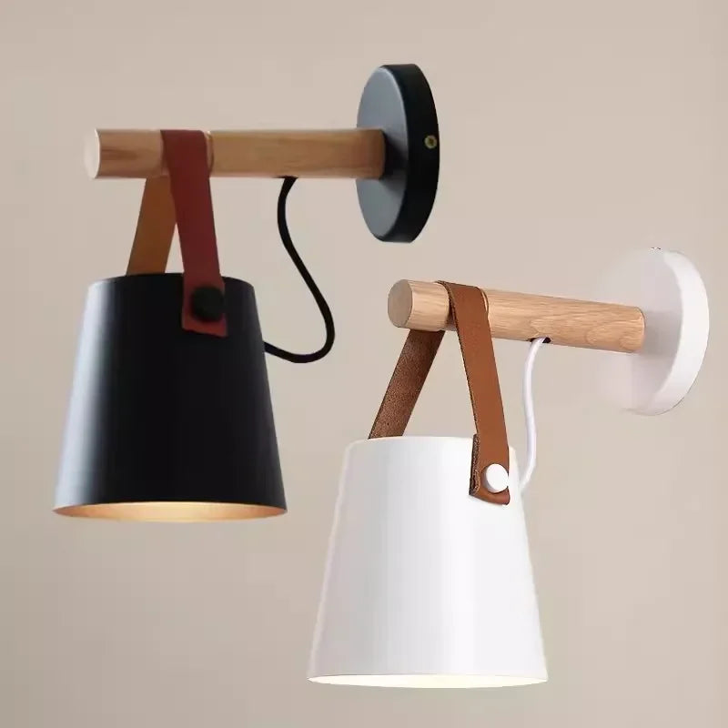 Lámpara de Pared de Madera y Cuero Nórdica | Luz Colgante para Mesita de Noche