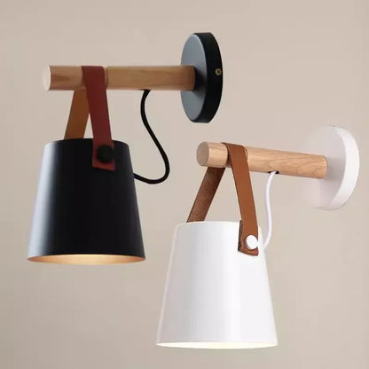 Lámpara de Pared de Madera y Cuero Nórdica | Luz Colgante para Mesita de Noche