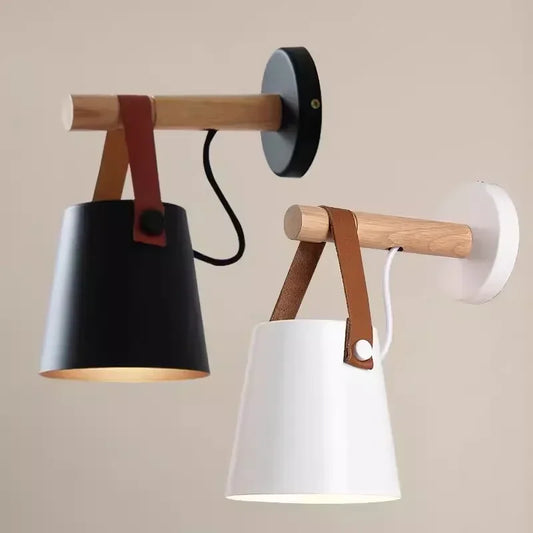 Lámpara de Pared de Madera y Cuero Nórdica | Luz Colgante para Mesita de Noche