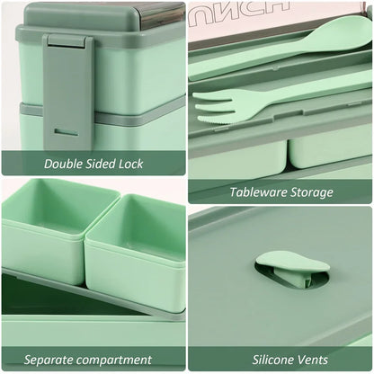 Caja Bento de Doble Capa de 1400ml | Lonchera Portátil con Tenedor y Cuchara – Recipiente para Alimentos Seguro para Microondas para Niños y Adultos
