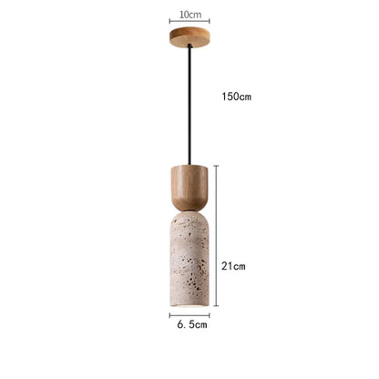 Lámpara colgante de travertino y madera Wabi-Sabi | Iluminación minimalista japonesa para mesita de noche