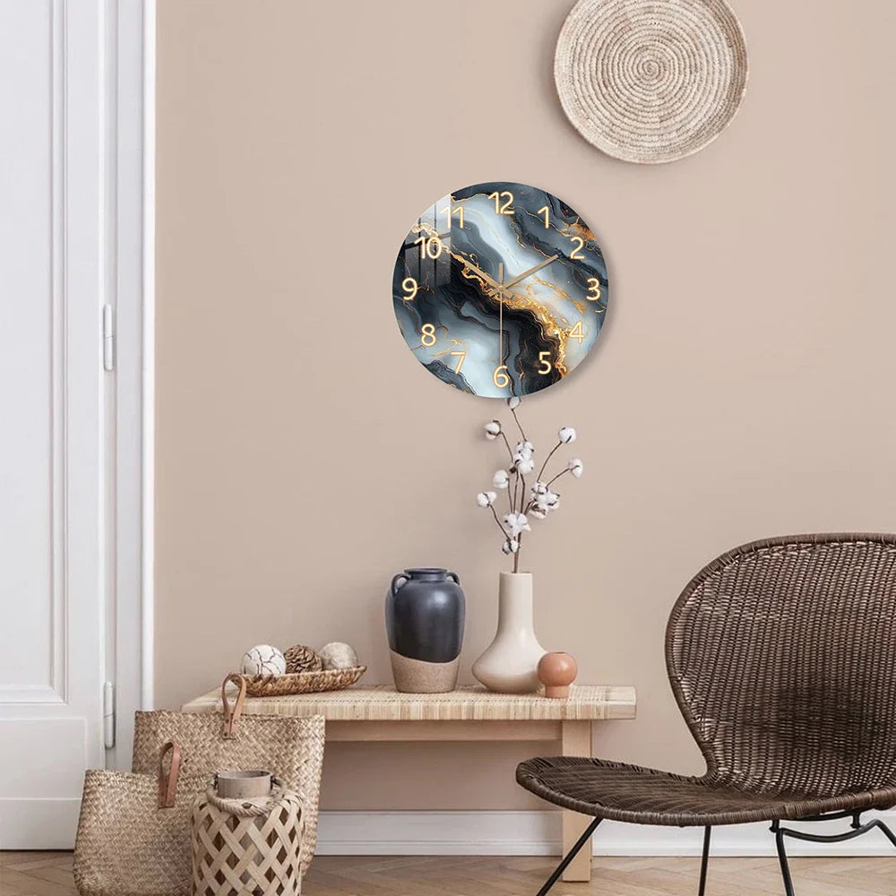 Reloj de Pared de Mármol Azul y Dorado | Diseño Silencioso de Madera