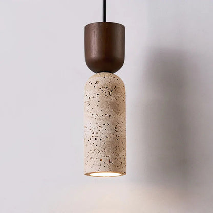 Lámpara colgante de travertino y madera Wabi-Sabi | Iluminación minimalista japonesa para mesita de noche